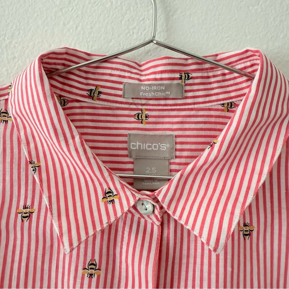 No Iron 100% Linen Bee Print Striped Button-Up Shirt 3/4 Sleeve Size 14 - Picture 4 of 8
